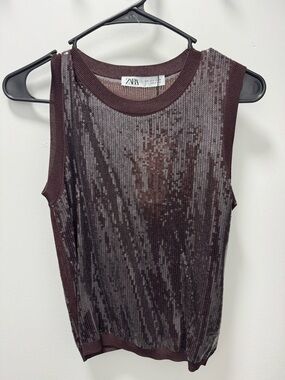 NWT Zara Brown Sequin Sleeveless Top Small